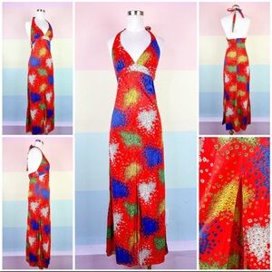 VINTAGE 1970s Vibrant Multicolor Halter Maxi Dress